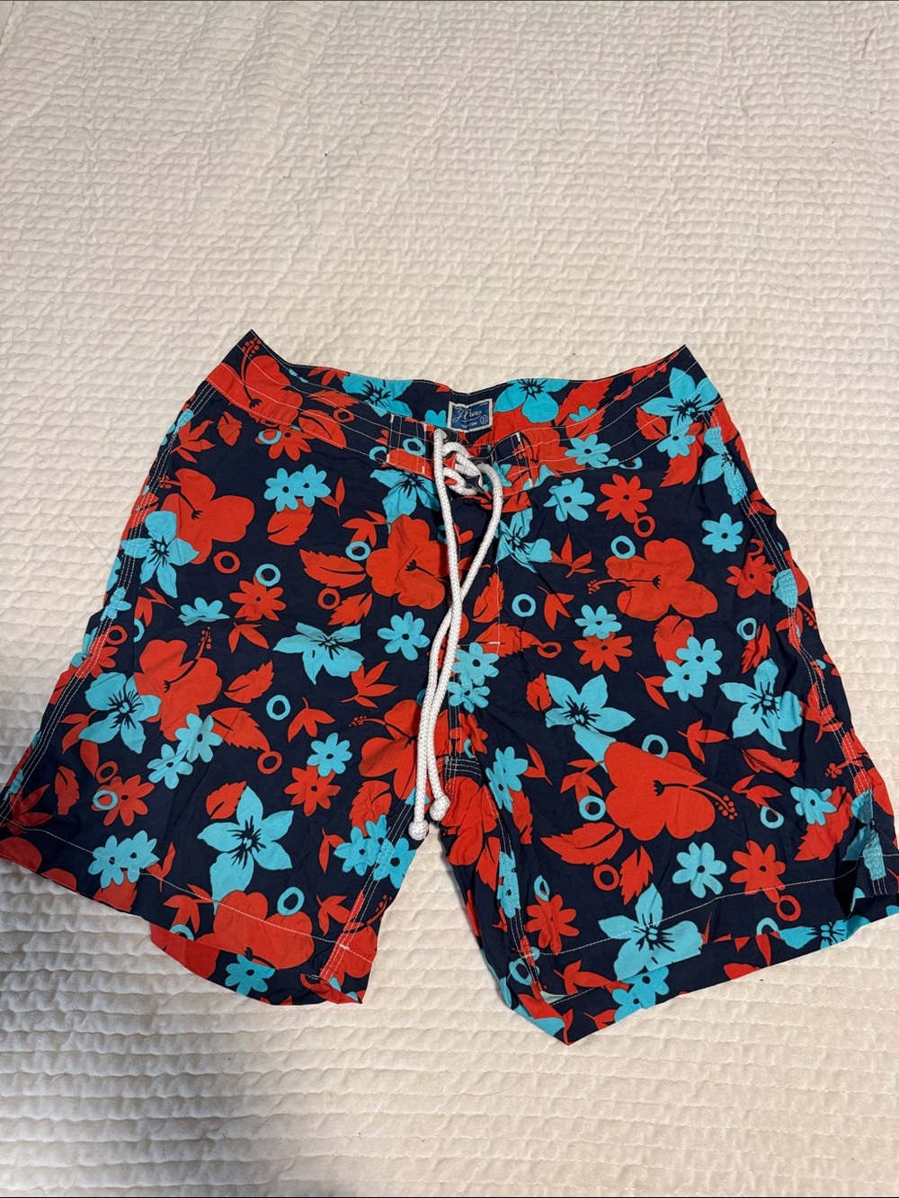 J. Crew Navy Swim Shorts with Red & Turquoise Floral Print